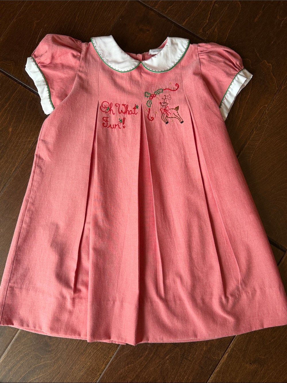 THE PROPER PEONY: Girls' Pink Peter Pan Collar Holiday Dress with Embroidery